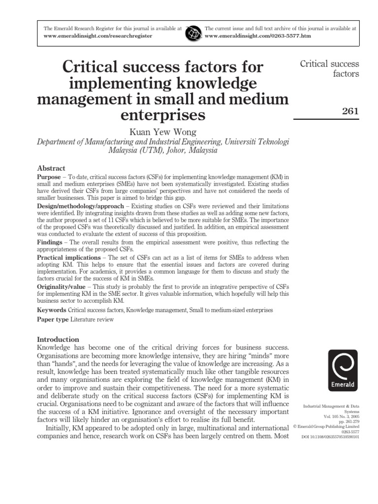 CSFs for Knowledge Management in SMEs | PDF | Leadership | Strategic ...