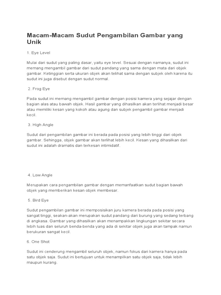 Macam Sudut Pengambilan Gambar | PDF