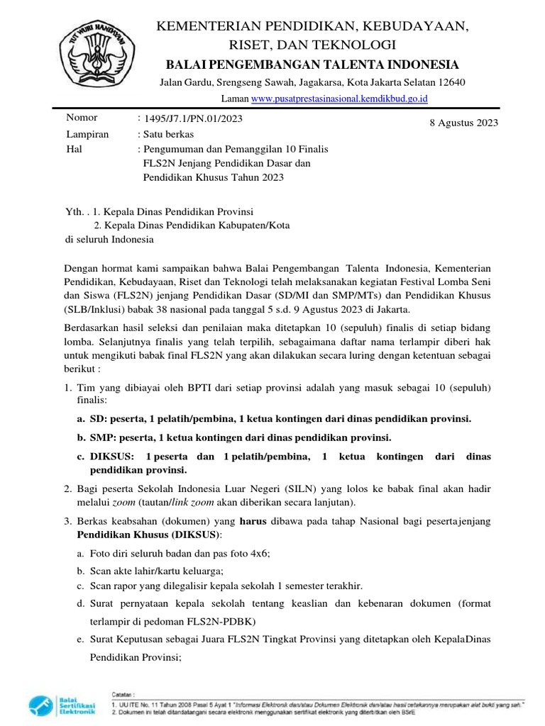 Pengumuman Finalis FLS2N 2023 | PDF