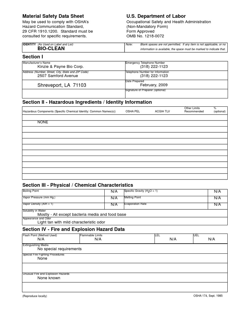 Bio Clean MSDS | PDF | Occupational Safety And Health Administration ...