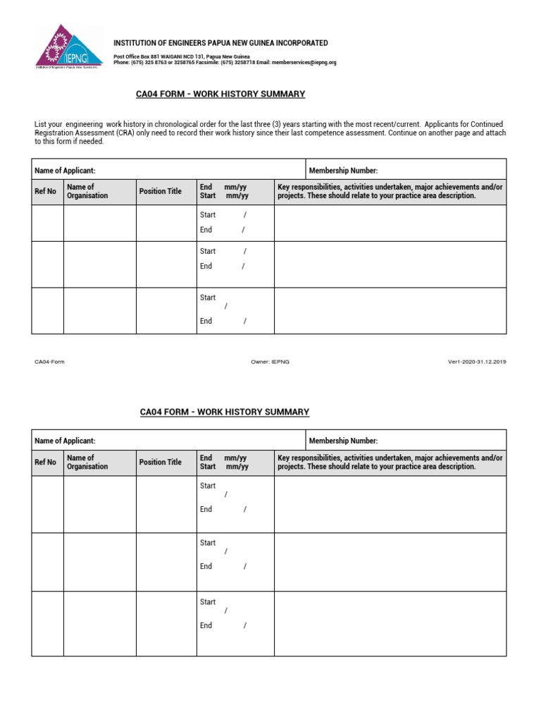 Engineer Work History Form | PDF | Business | Technology & Engineering