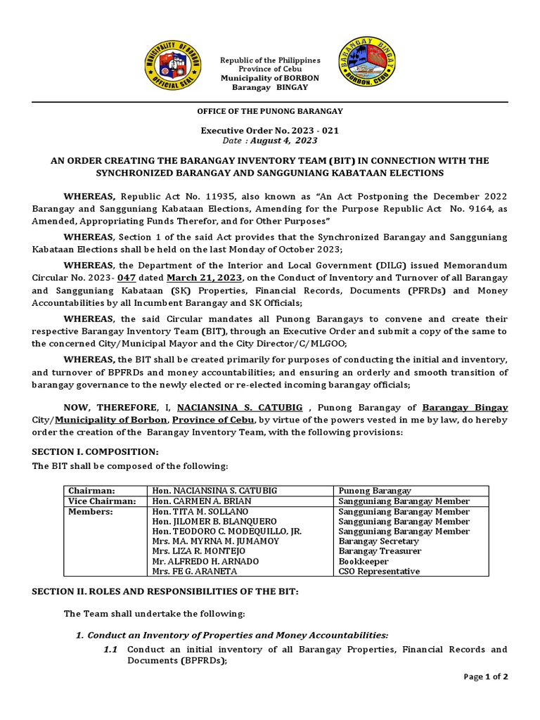 Barangay Inventory Team Creation Order | PDF | Government | Justice