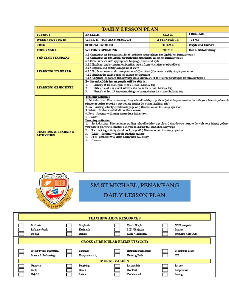 Daily Lesson Plan Form 4 Bestari 01 August | PDF | Lesson Plan ...