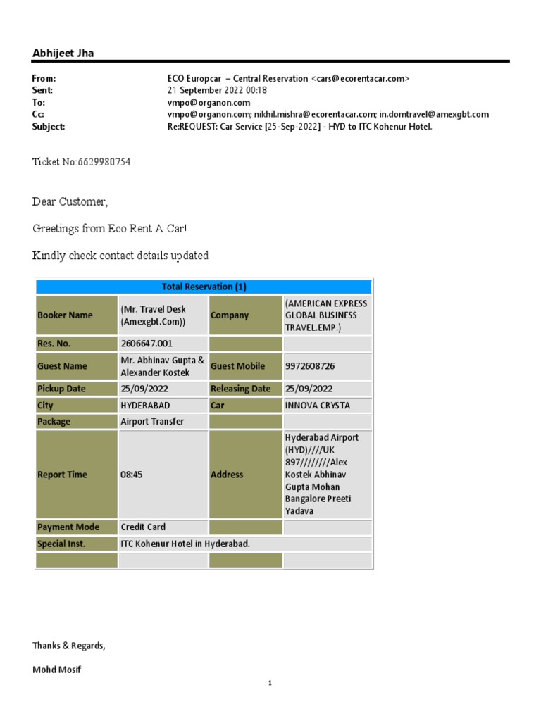 Eco Rent Car Booking Confirmation | PDF