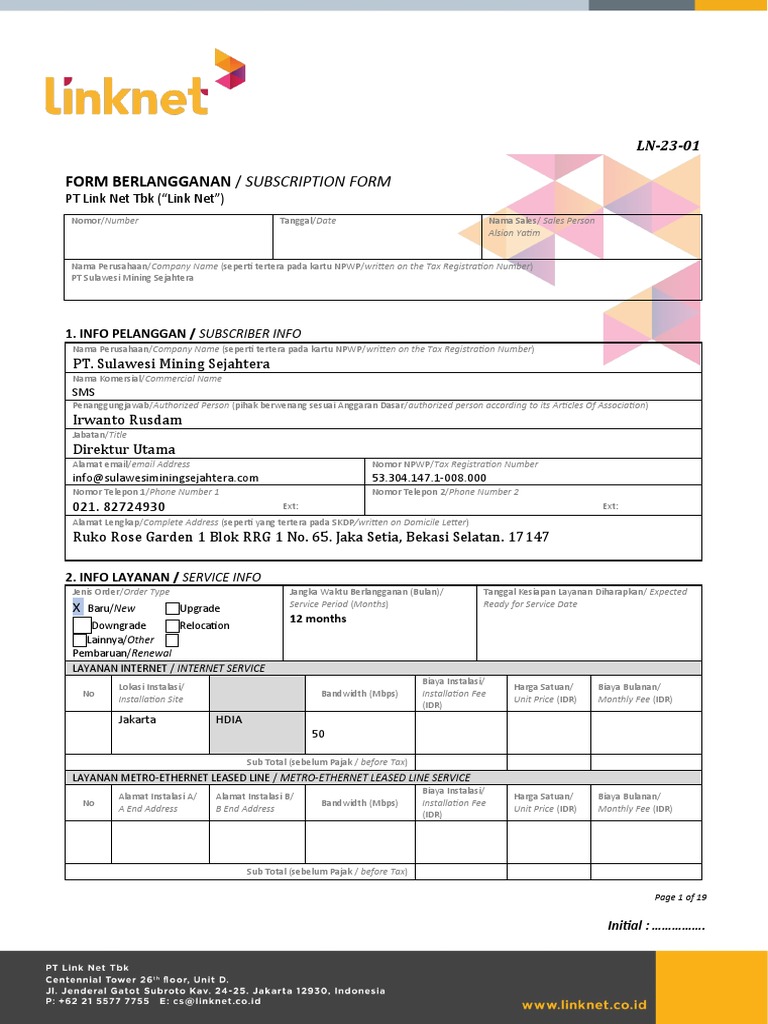 Formulir Berlangganan Internet Link Net | PDF | Public Switched ...