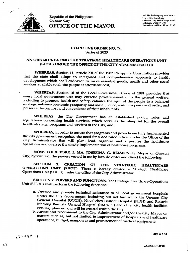 Executive Order No. 26 An Order Creating The Strategic Healthcare Operations Unit (Shou) Under