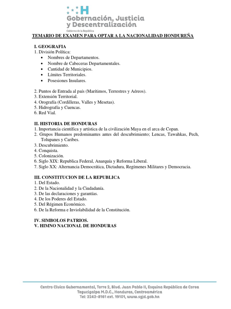 TEMARIO DE EXAMEN PARA OPTAR A LA NACIONALIDAD HONDUREÑA | PDF