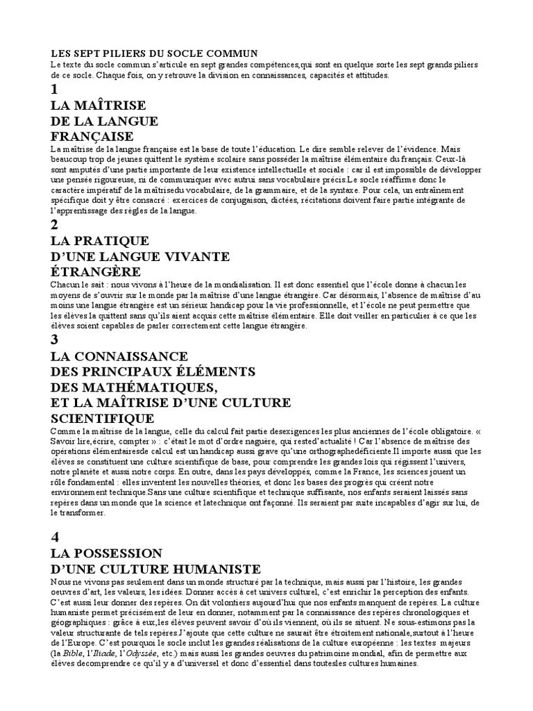 Les 7 piliers du socle commun éducatif | PDF | Connaissances | Science