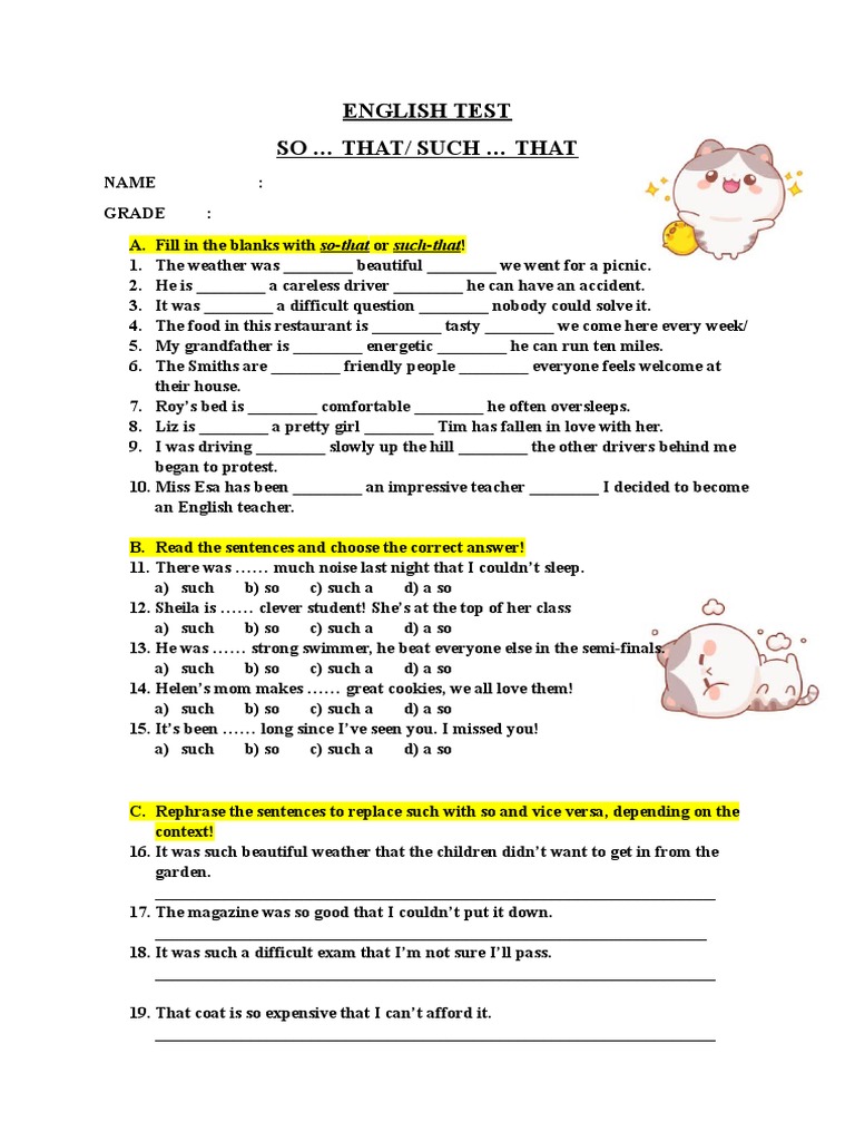 English Test: So and Such Usage | PDF | Language Arts & Discipline ...