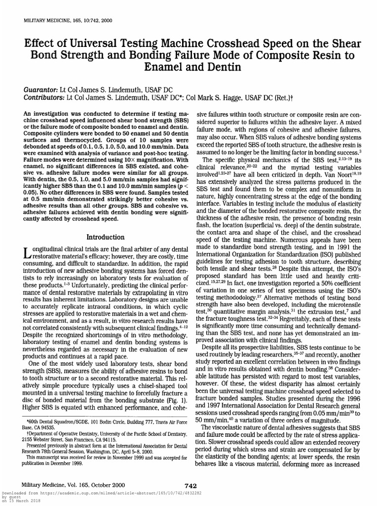 Effect of Universal Testing Machine Crosshead Speed On The Shear Bond