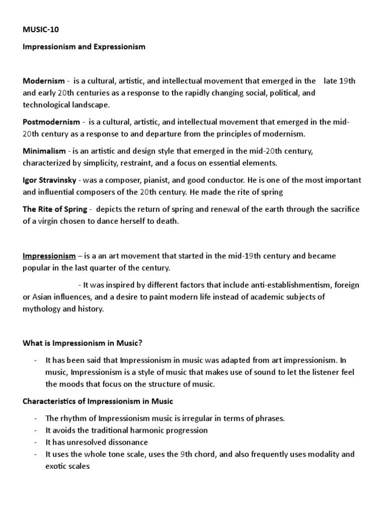 1st Quarter Music And Arts Impressionism And Expressionism Pdf