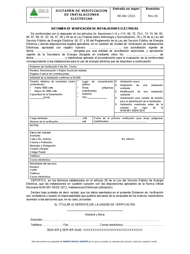 Formato Dictamen de Verificacion NOM-001-SEDE-2012 DOF 140618 | PDF