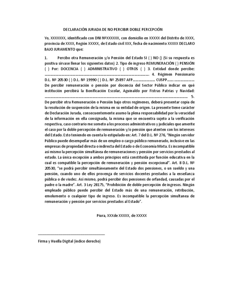 Declaración Jurada de No Percibir Doble Percepción | PDF