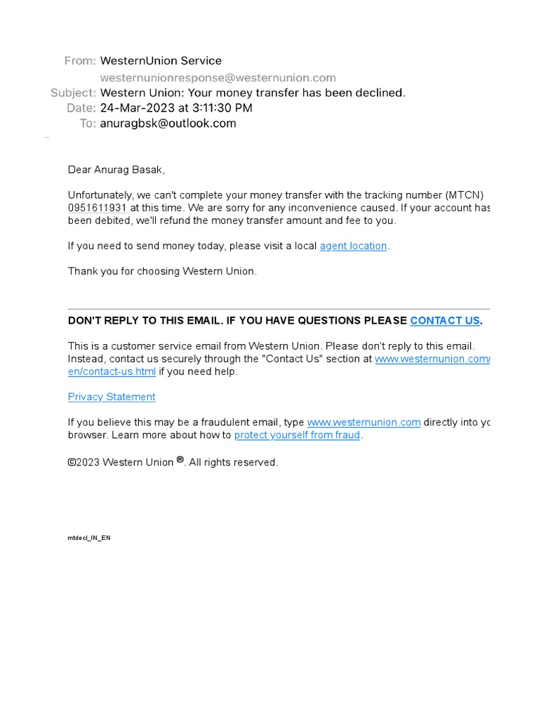 Western Union Your Money Transfer Has Been Declined | PDF
