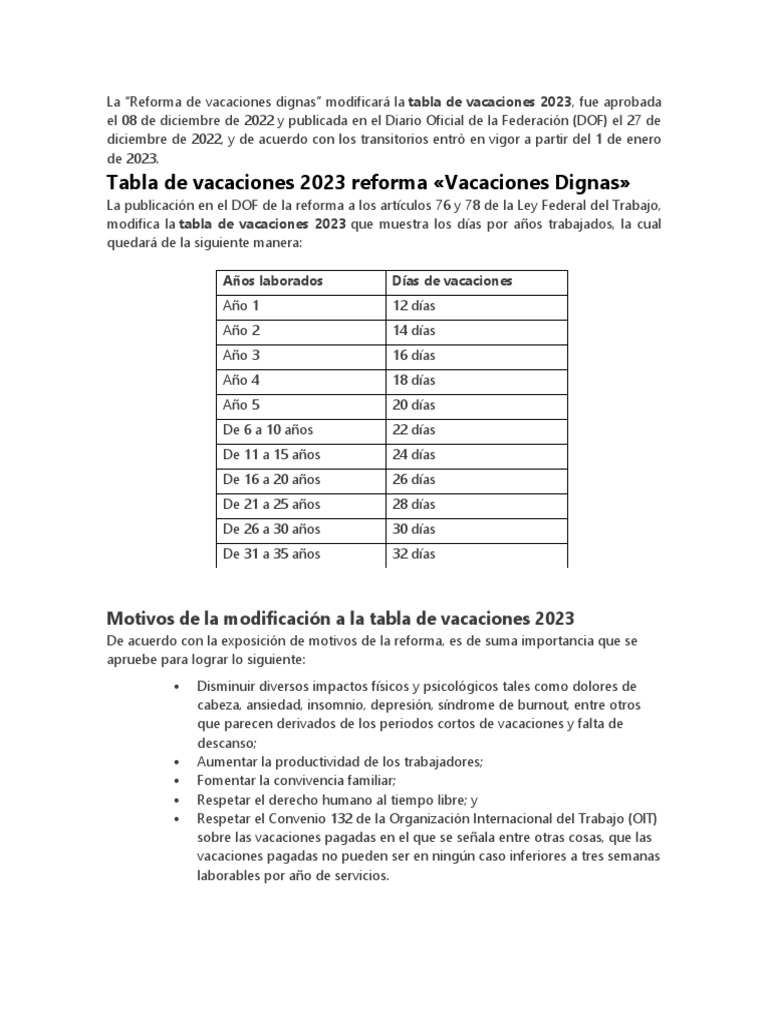 Nueva tabla de vacaciones 2023 | PDF