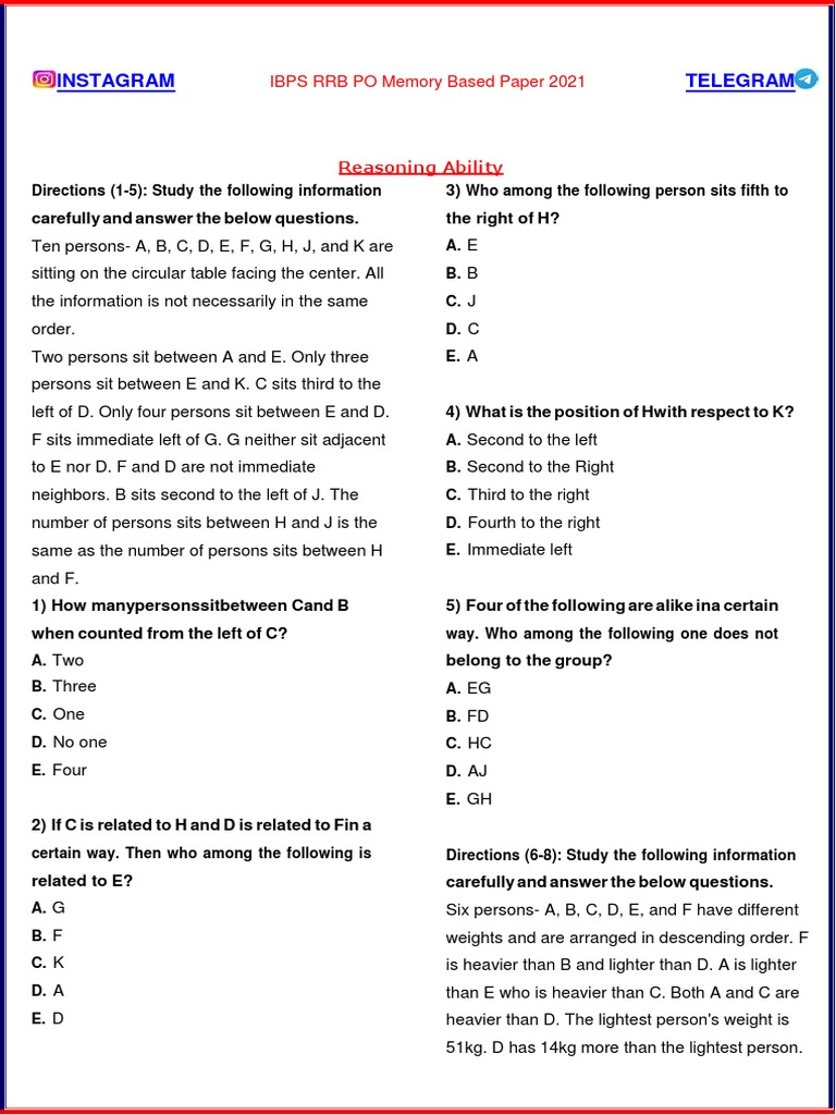 Ibps RRB Po Prelims 2021 Memory Based Papar | PDF
