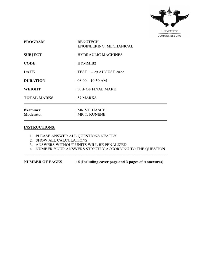 Hydraulic Machines Test 1 - August 2022 | PDF | Pump | Mechanical ...