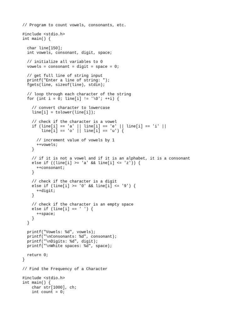 C Style Count The Number of Vowels, Consonants Etc and Frequency of ...