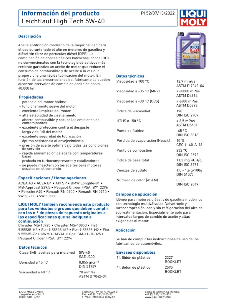 Leichtlauf High Tech 5W 40 | PDF | Lubricante | Motor diesel