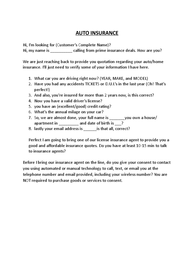 Auto Insurance Call Script Template | PDF