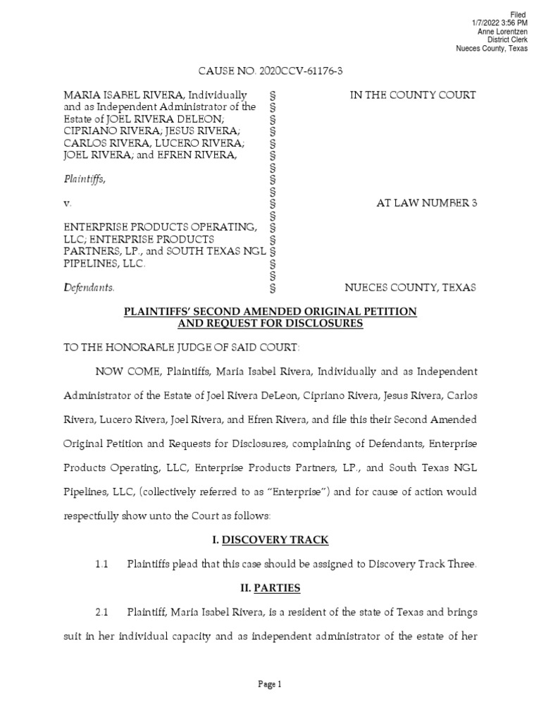 Oil gas injury second amended original petition in rivera et al v