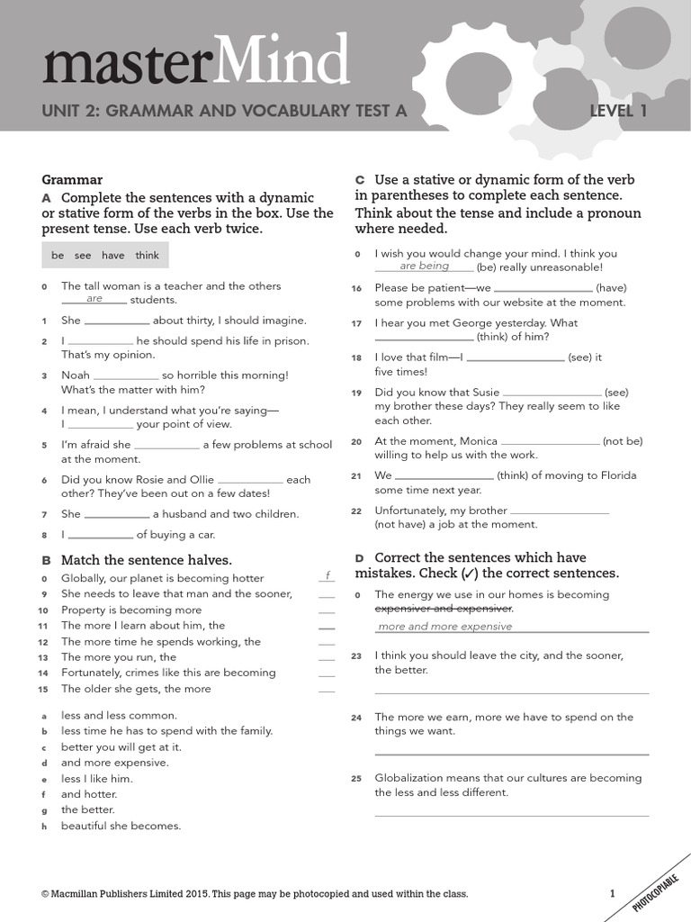 MM 1 - Grammar Test Unit 2 | PDF