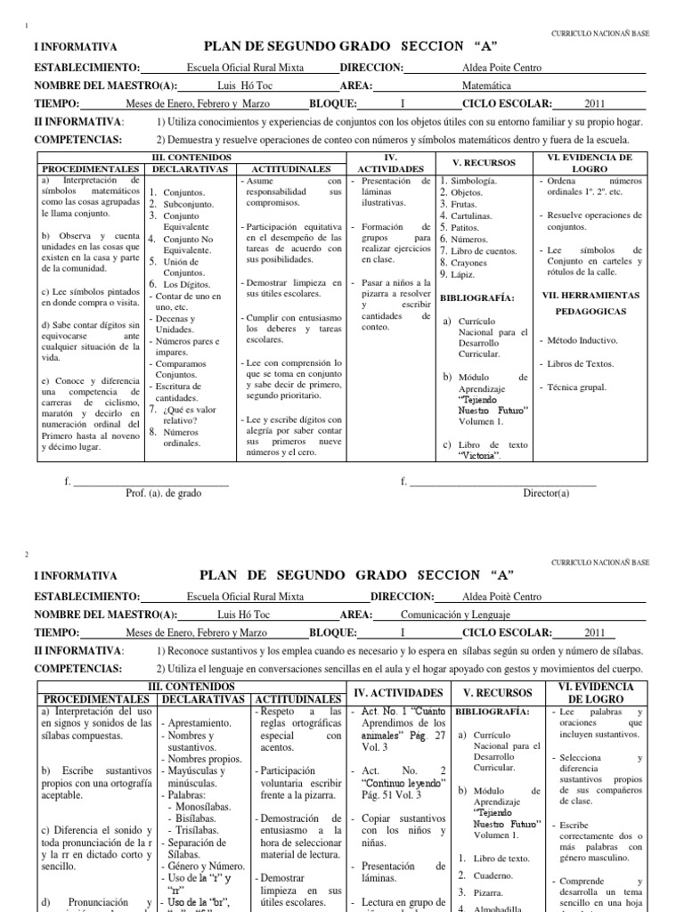 Planificación Segundo Grado Primaria | PDF | Plan de estudios | Lectura ...