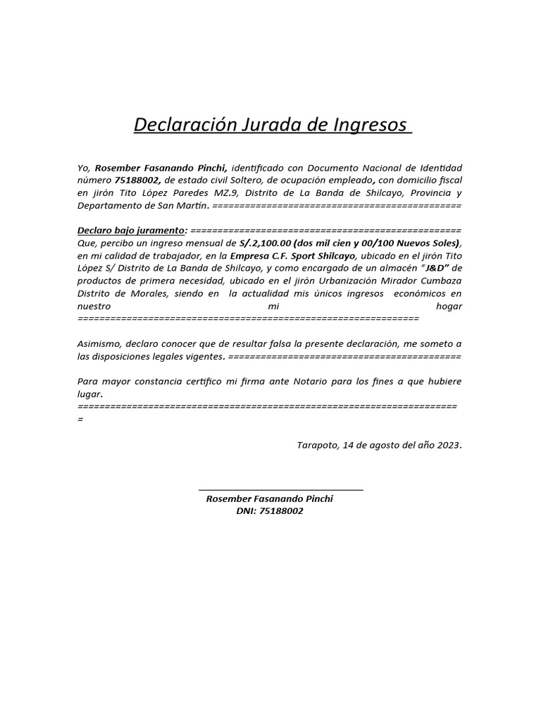 Declaración Jurada de Ingresos Mensuales | PDF | Finanzas y dinero ...