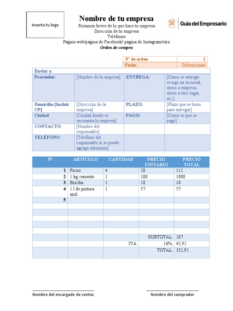 Formato de Orden de Compra en Word | PDF