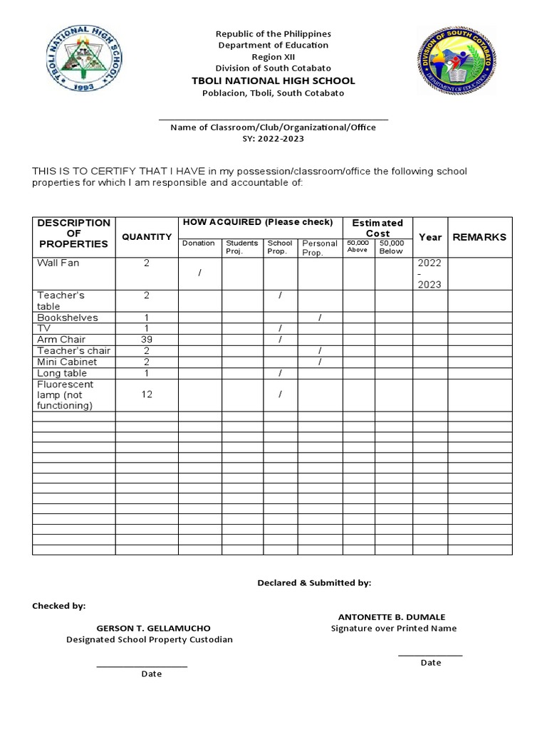 Classroom Inventory Form 2023 PDF