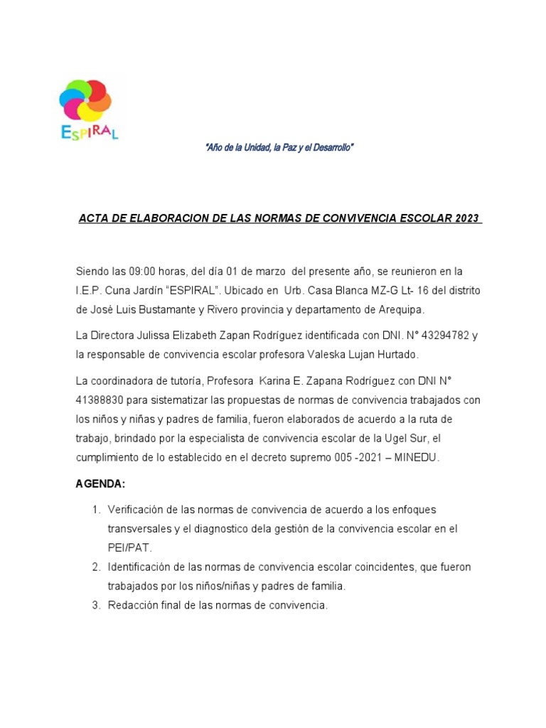 Acta de Normas de Convivencia Escolar 2023 | PDF | Estilo de vida