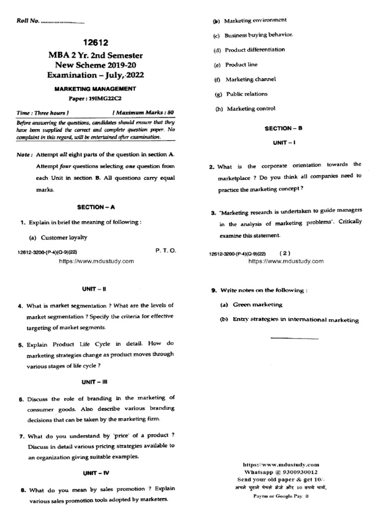 Mba 2 Sem Marketing Management 12612 Jul 2022 | PDF