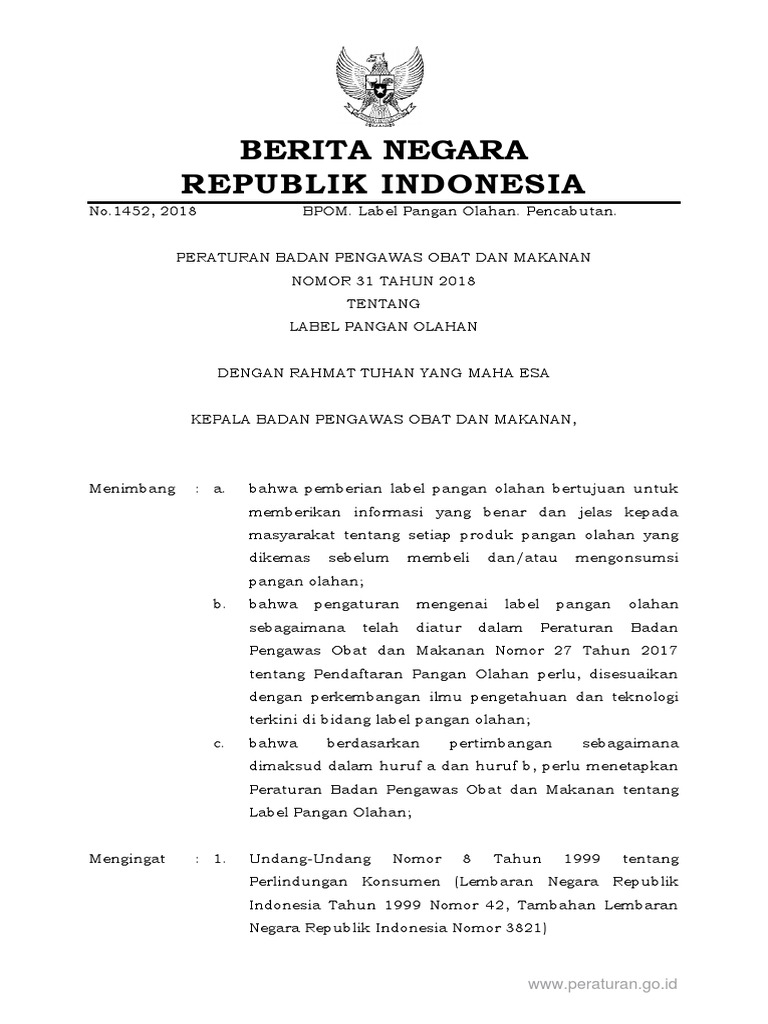 PerBPOM No 31 Tahun 2018 Tentang Label Pangan Olahan | PDF