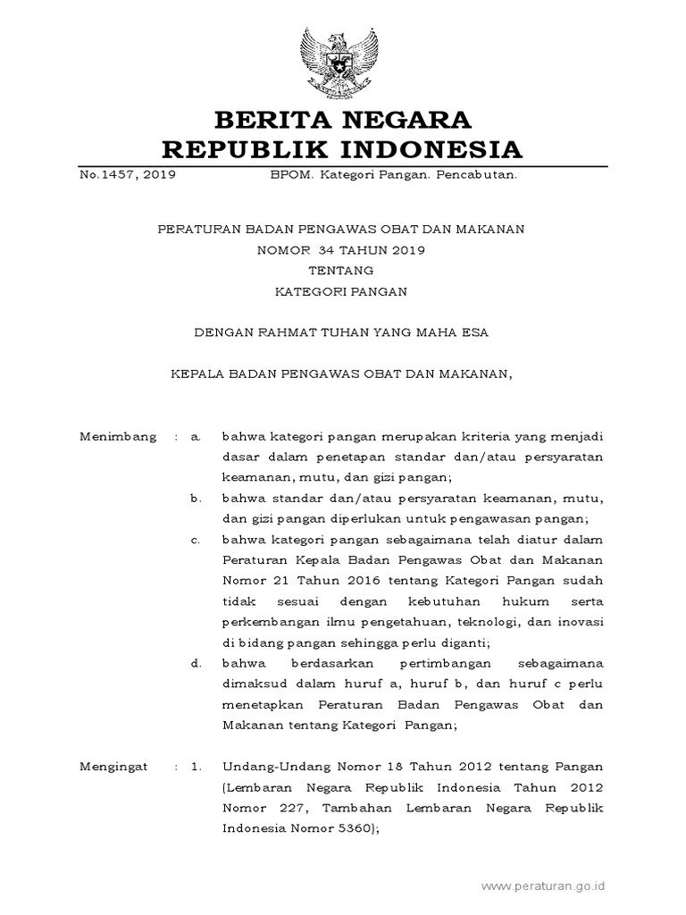 PerBPOM No 34 Tahun 2019 Tentang Kategori Pangan | PDF
