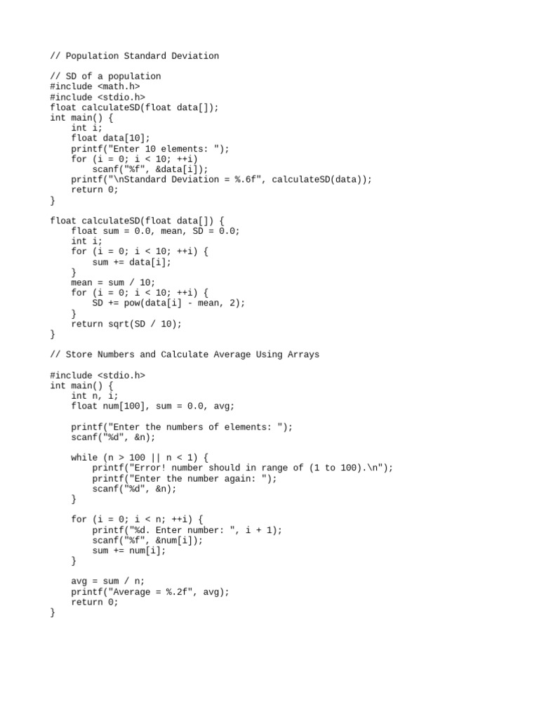 C Style Standard Deviation and Average Using Arrays PDF
