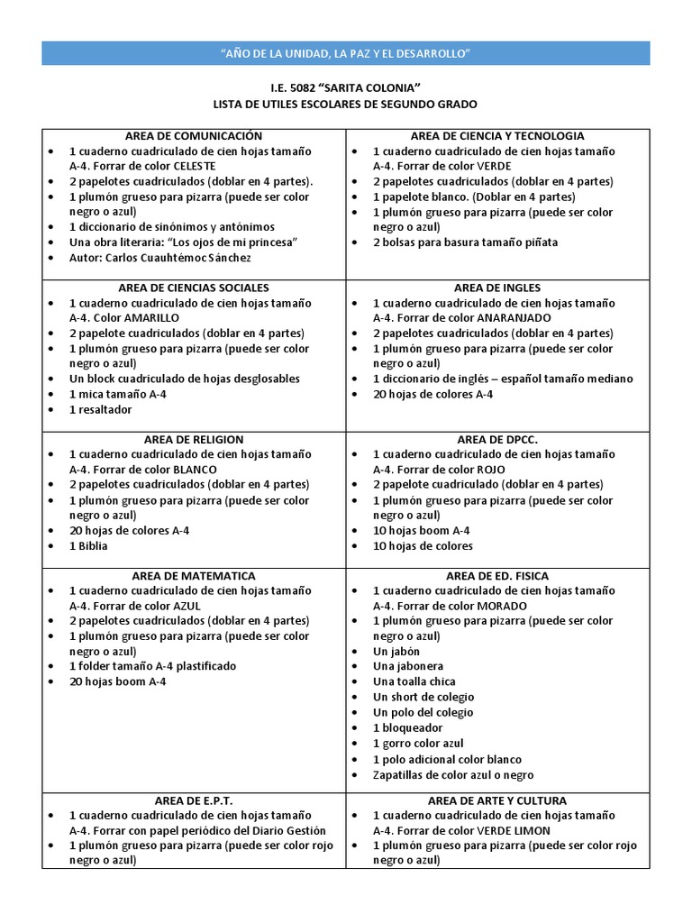 Segundo Grado - Lista de Utiles Esolares 2023 - Secundaria | PDF