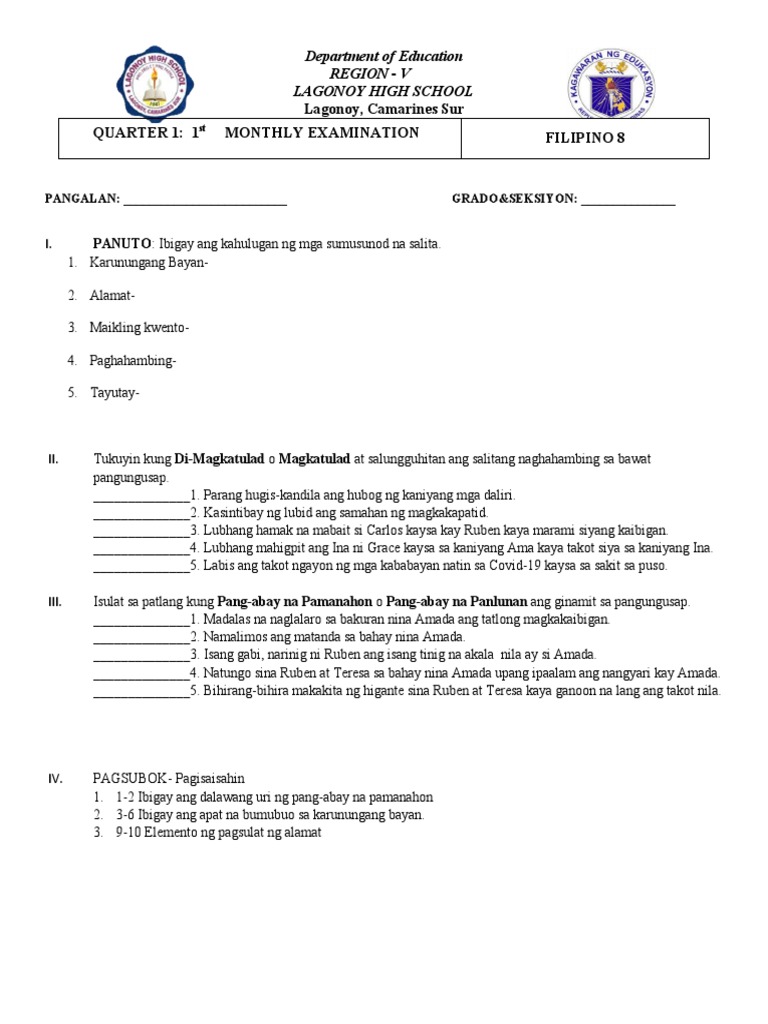 Filipino 1st Monthly Exam Pdf