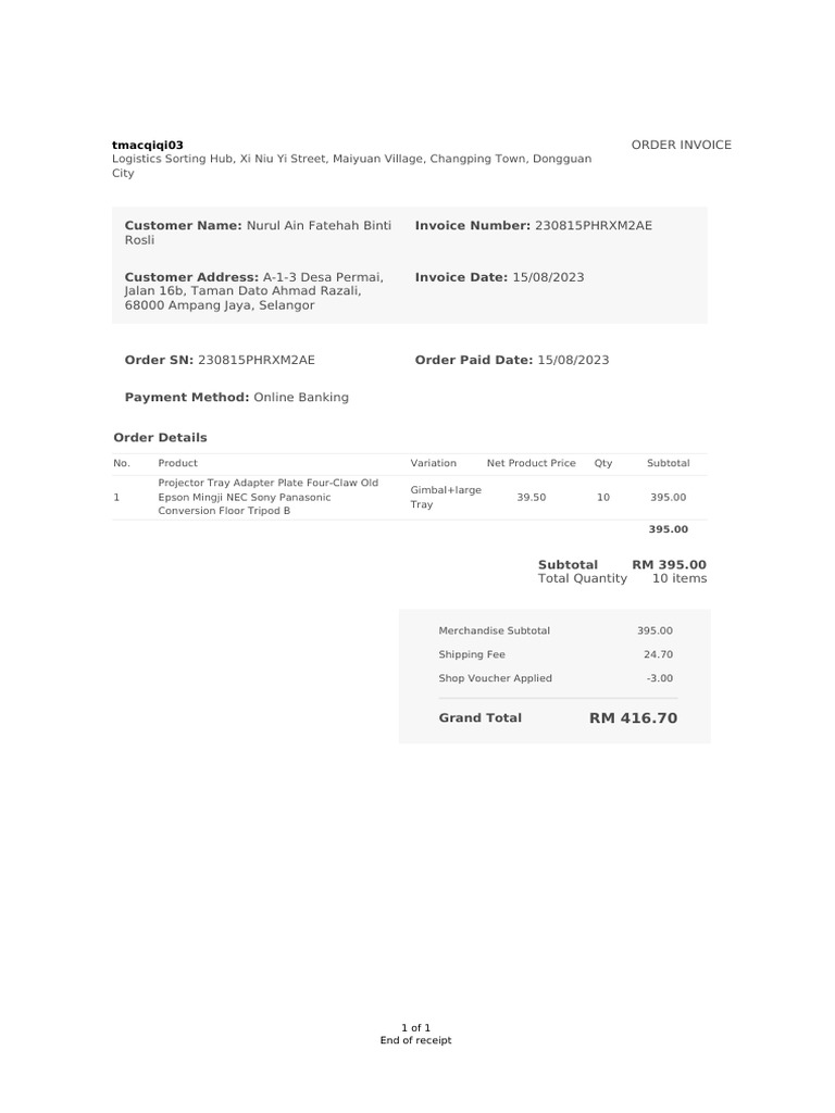 Invoice for Projector Tray Order | PDF