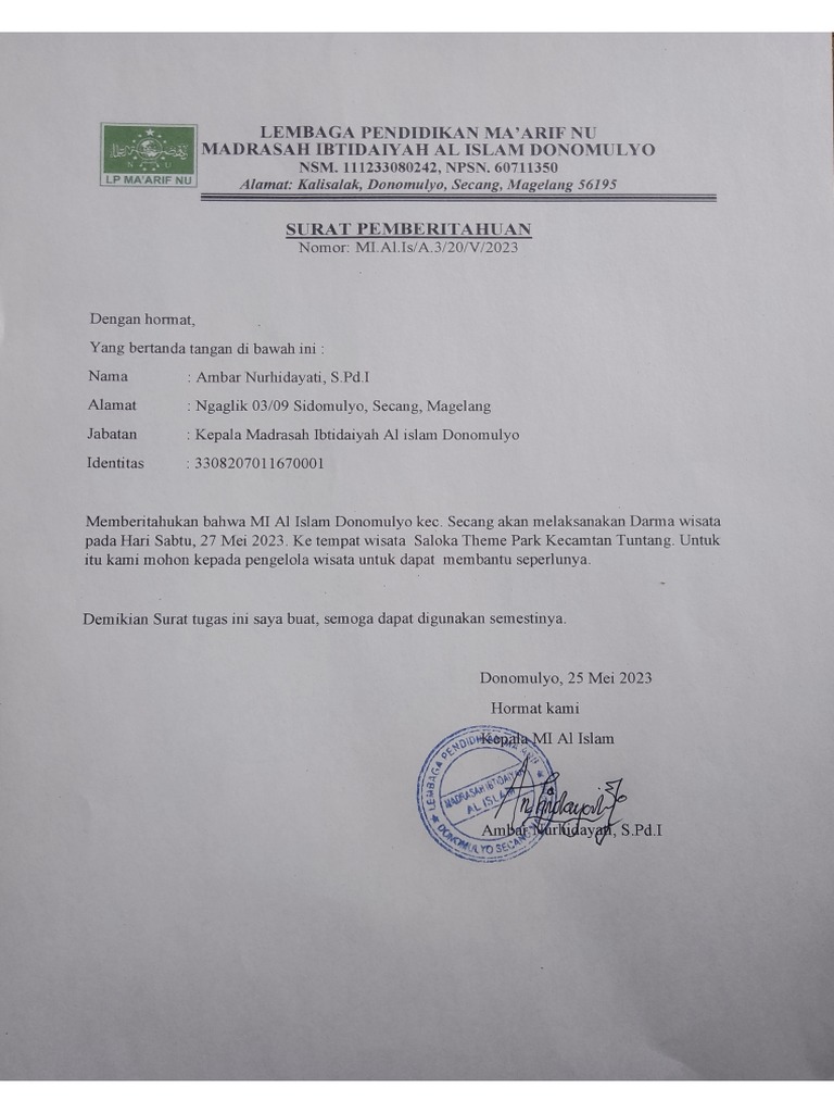 Surat Pemberitahuan Wisata | PDF