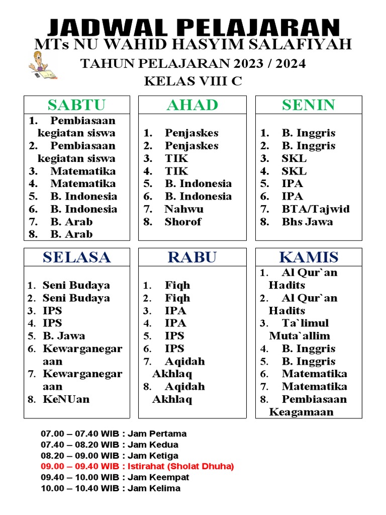 Templet Jadwal Pelajaran 2023 2024 | PDF