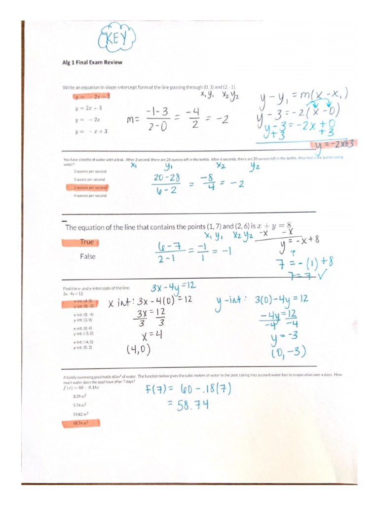 Alg 1 Final Exam Review ANSWER KEY | PDF