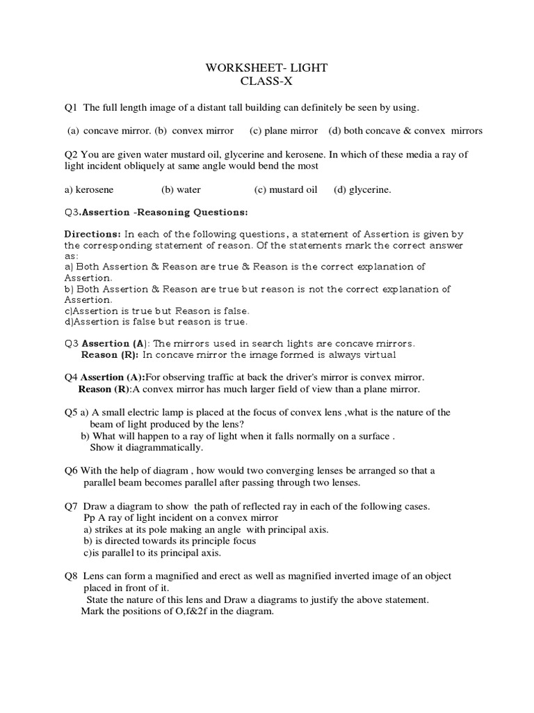 Class X Light Worksheet Questions | PDF