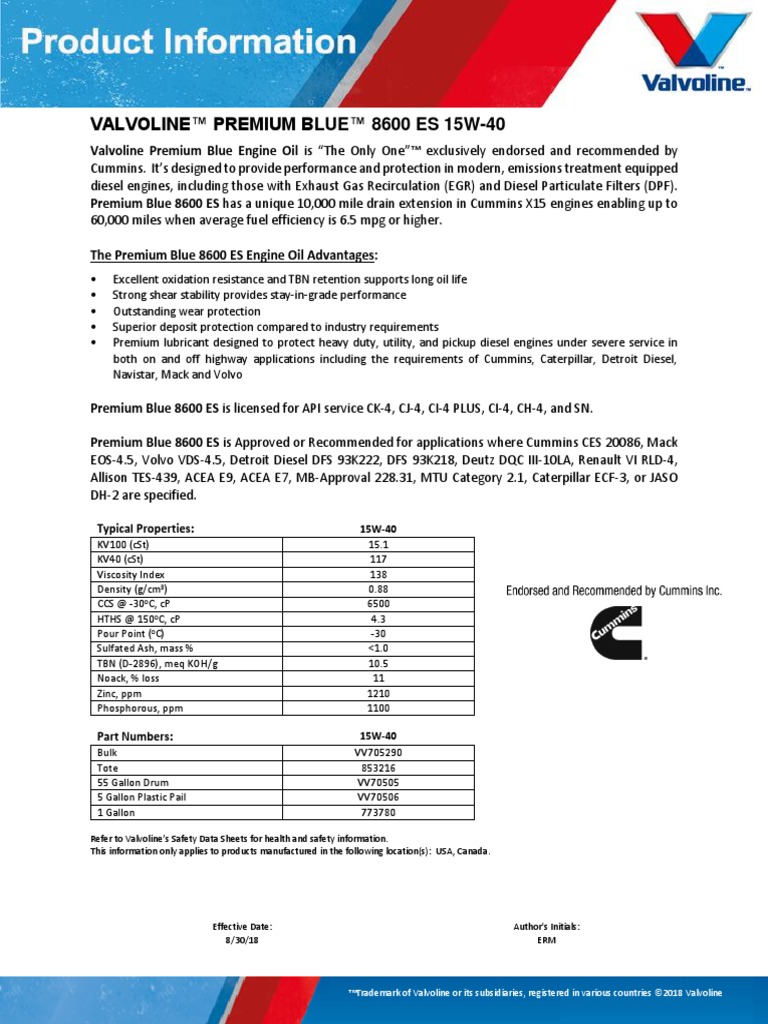 Valvoline Premium Blue Engine Oil | PDF