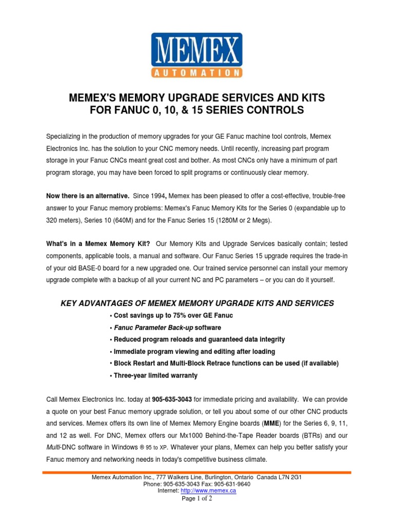 Memexs+Memory+Upgrade+Services+and+Kits+for+Fanuc+0 +10 +&+15+ | PDF ...