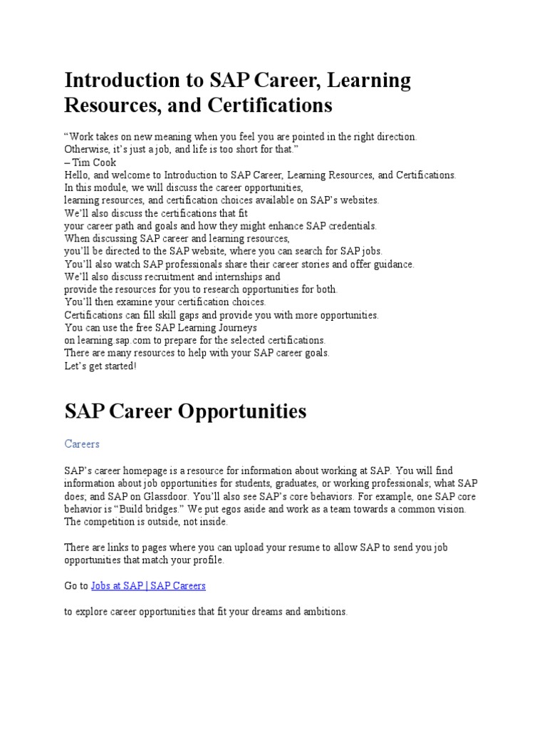 Introduction To SAP Career PDF Certification Cloud Computing