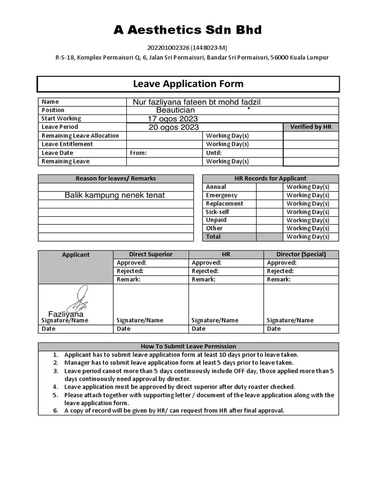 Employee Leave Request Form template PDF