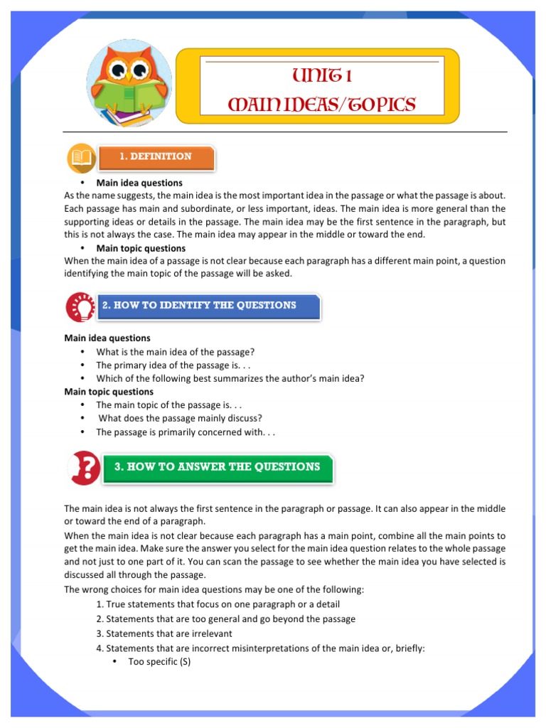 Main Idea and Topic Question Guide | PDF