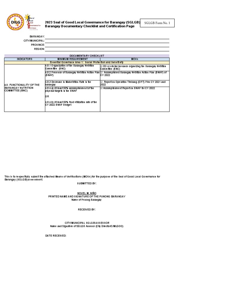 2023 SGLGB Form 1 Documentary Checklist BNC Indicator | PDF