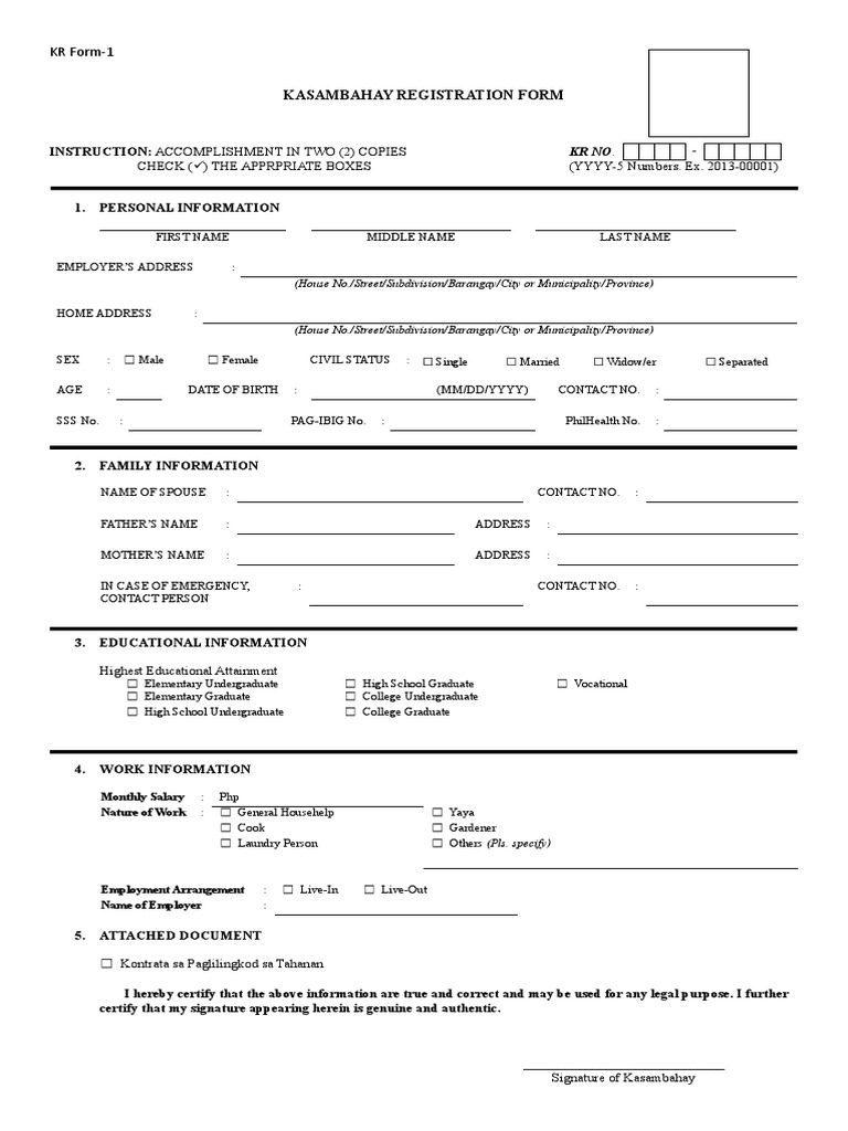 KR Form 1 - Kasambahay Registration Form | PDF | Government