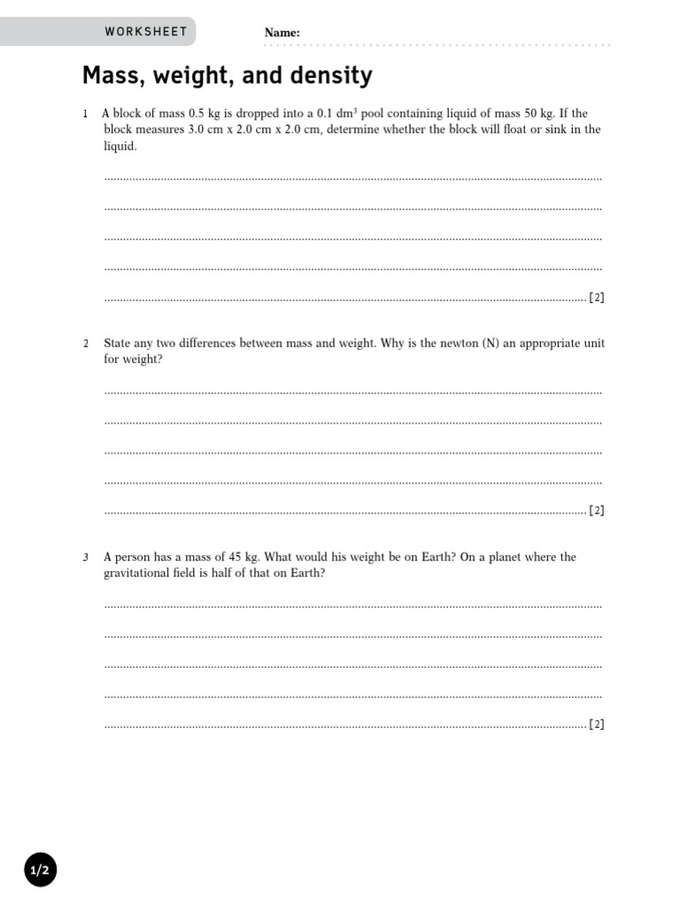 Mass, Weight, and Density Worksheet | PDF | Mass | Weight